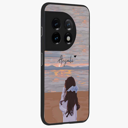 Girl Facing Sunset Beach Custom Name Glass Case for OnePlus 11 |1+11