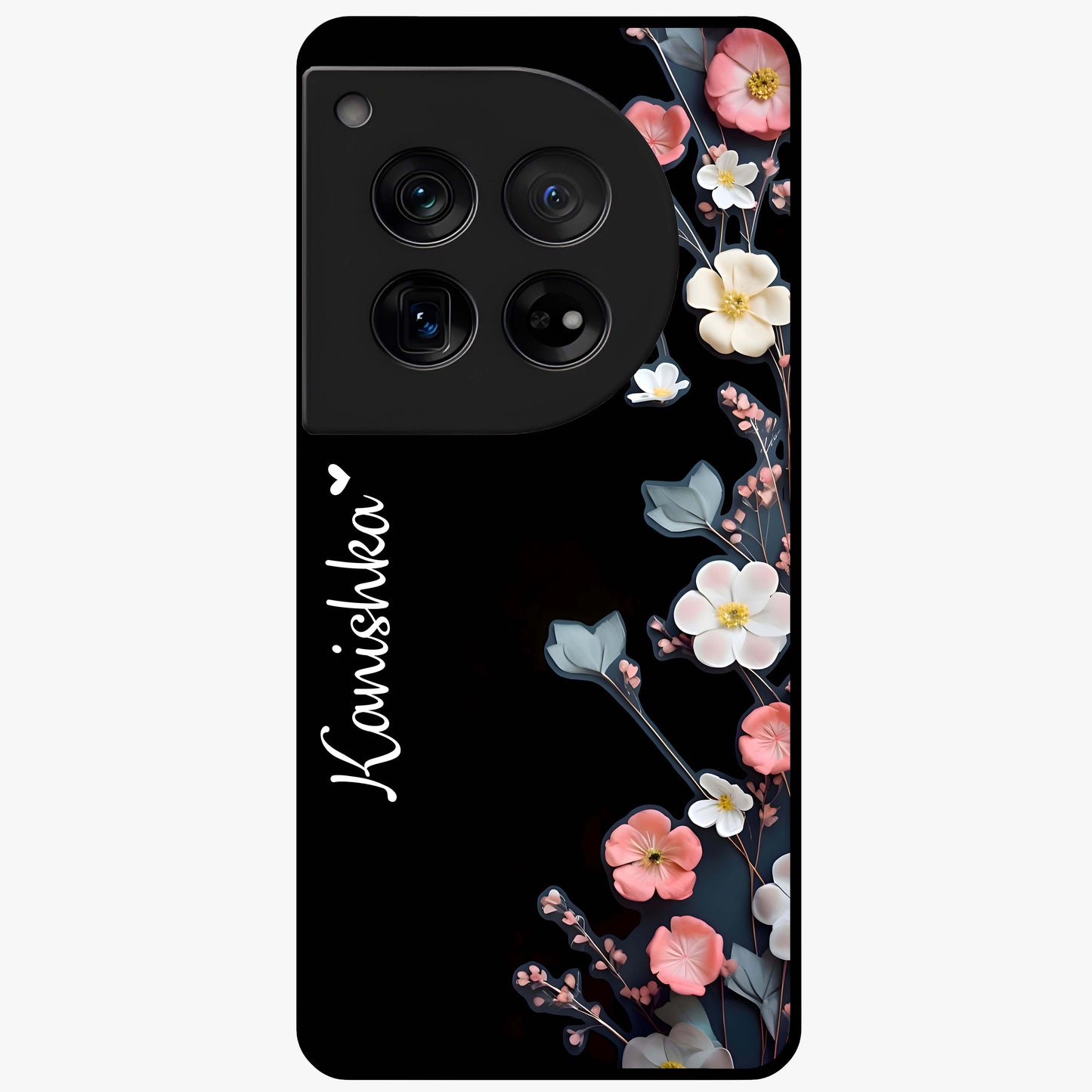 Black Elegance Floral Custom Name Glass Case for OnePlus 12 |1+12