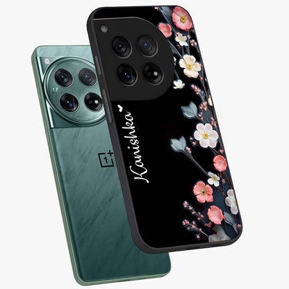 Black Elegance Floral Custom Name Glass Case for OnePlus 12 |1+12