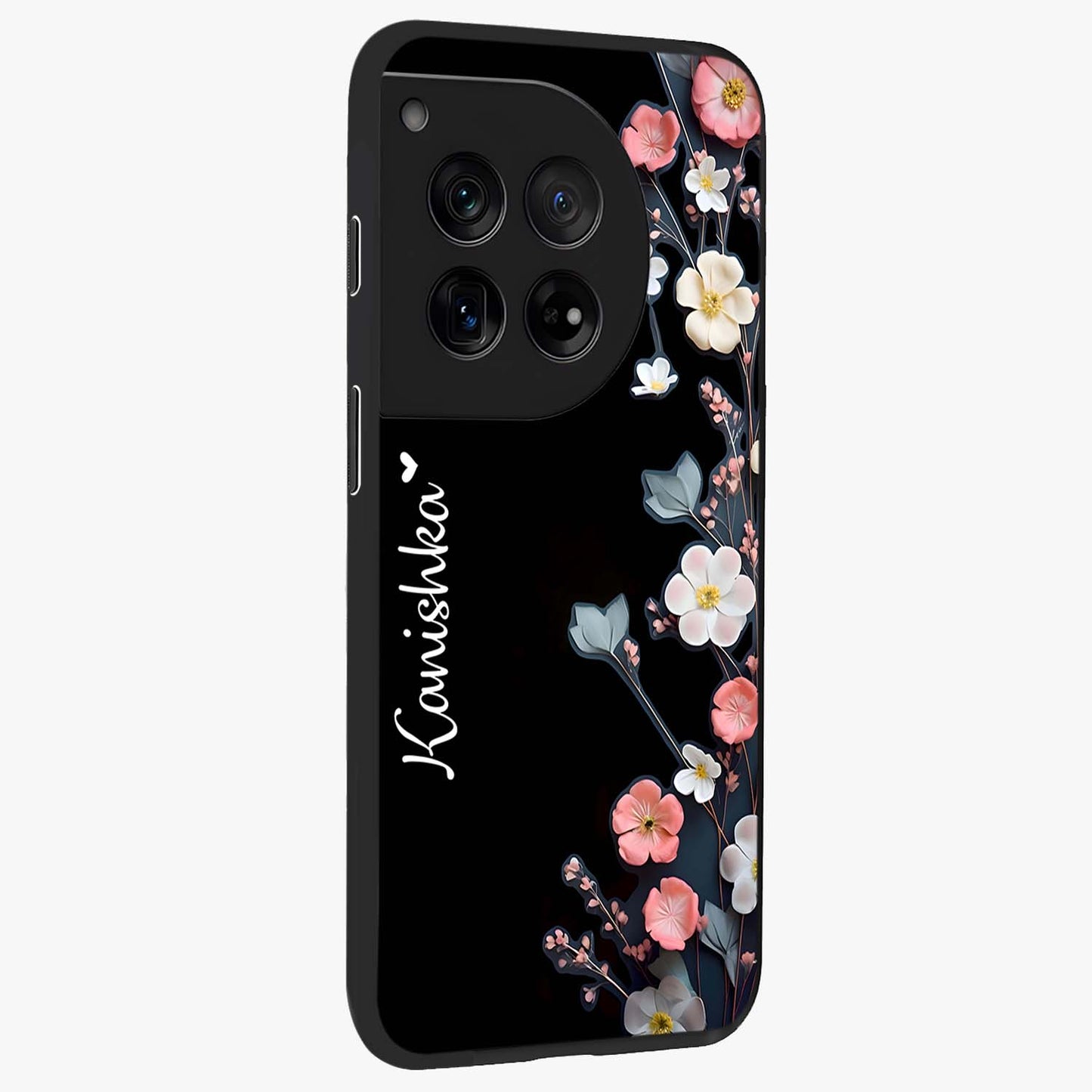 Black Elegance Floral Custom Name Glass Case for OnePlus 12 |1+12