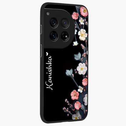 Black Elegance Floral Custom Name Glass Case for OnePlus 12 |1+12