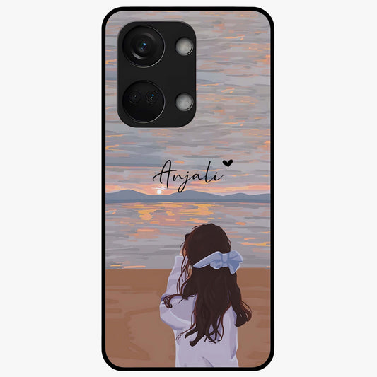 Girl Facing Sunset Beach Custom Name Glass Case for OnePlus Nord 3 |1+Nord 3