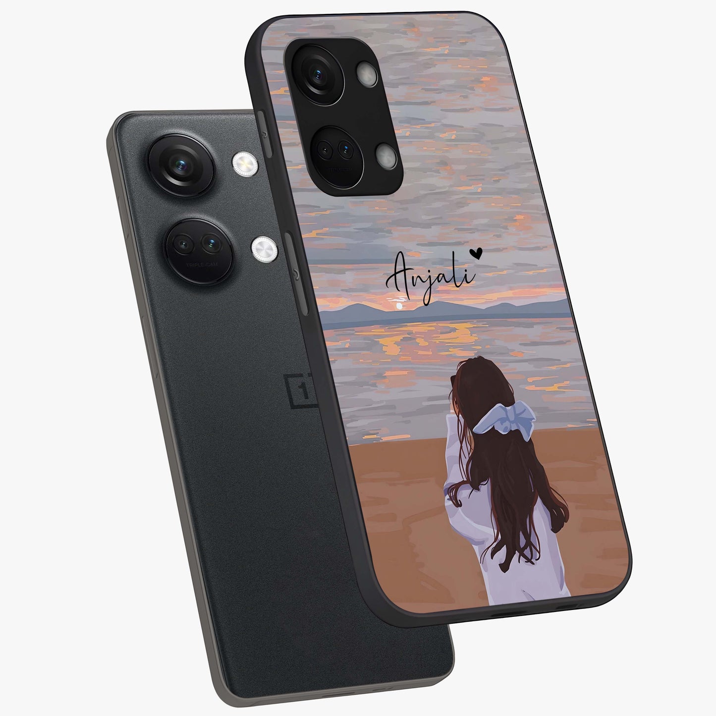 Girl Facing Sunset Beach Custom Name Glass Case for OnePlus Nord 3 |1+Nord 3