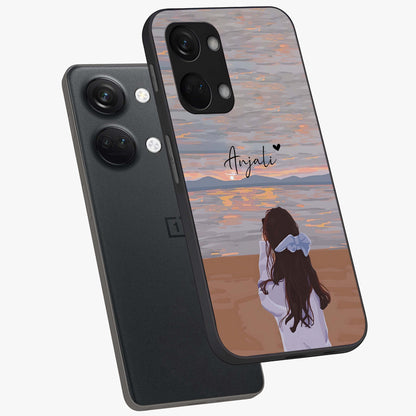 Girl Facing Sunset Beach Custom Name Glass Case for OnePlus Nord 3 |1+Nord 3
