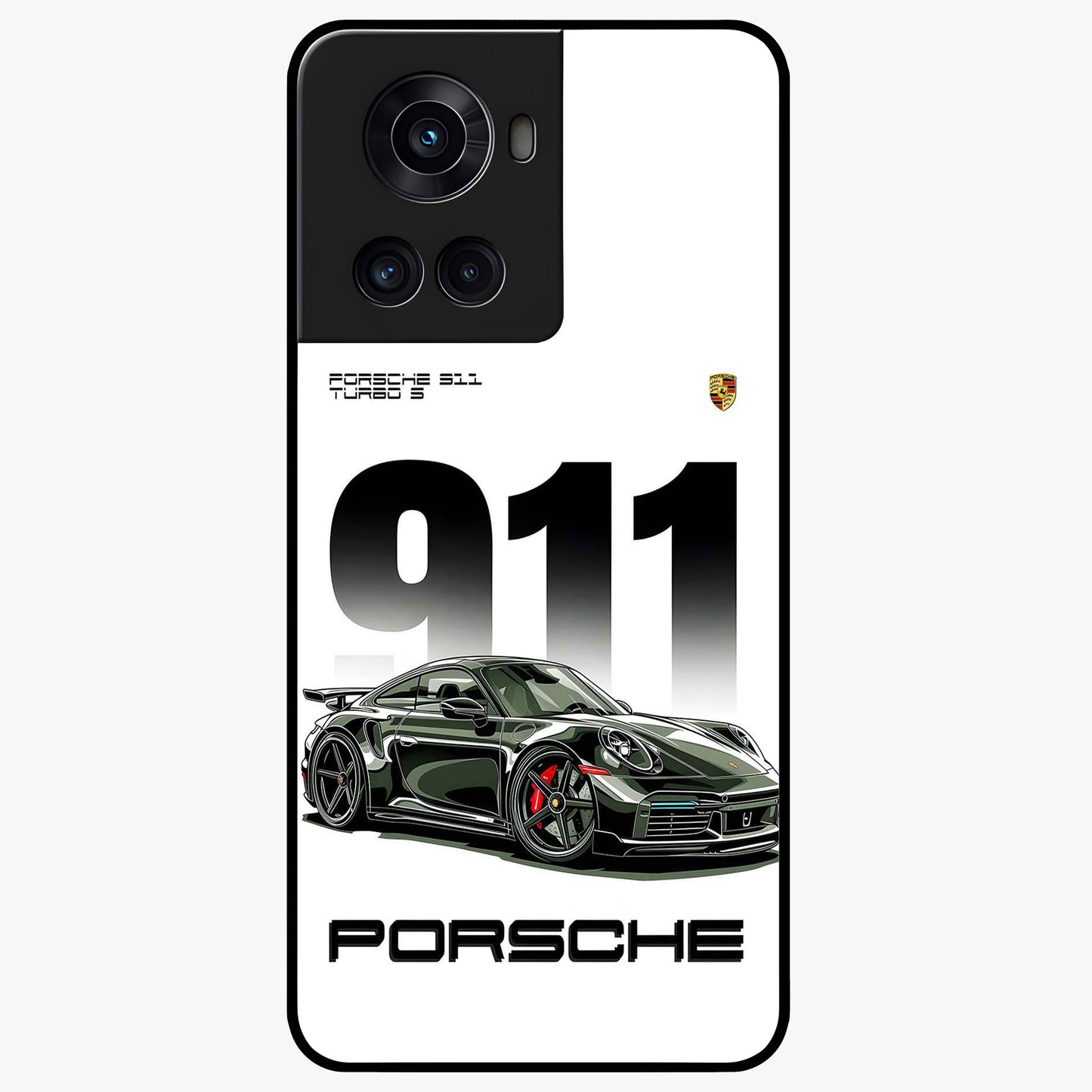 911 Turbo Dominance Glass Case for 1+10R bold front view featuring large 911 graphic and detailed green Porsche sports car artwork