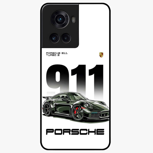 911 Turbo Dominance Glass Case for 1+10R bold front view featuring large 911 graphic and detailed green Porsche sports car artwork