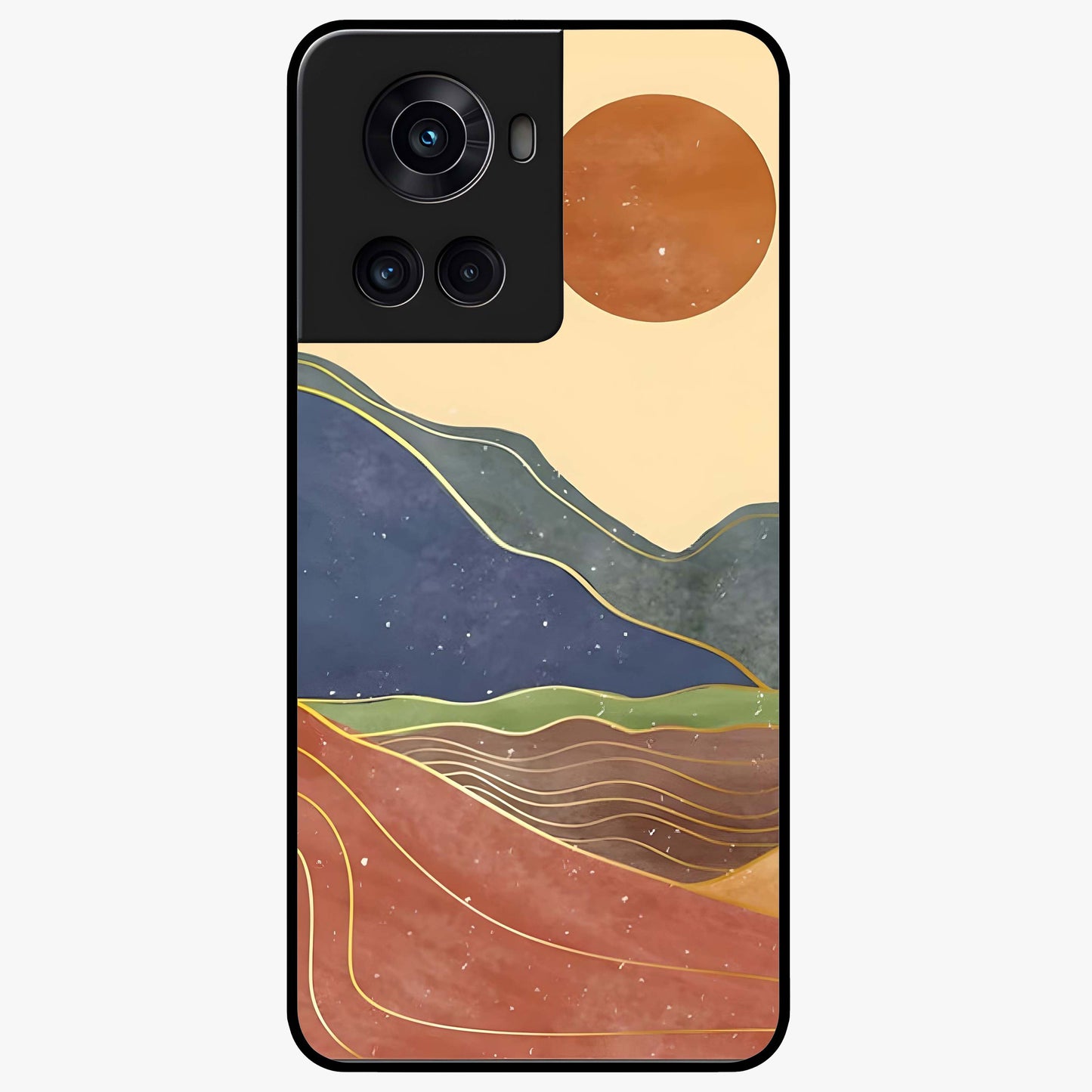 Abstract Mountain Glow Glass Case for 1+10R front view featuring glowing mountain landscape artwork