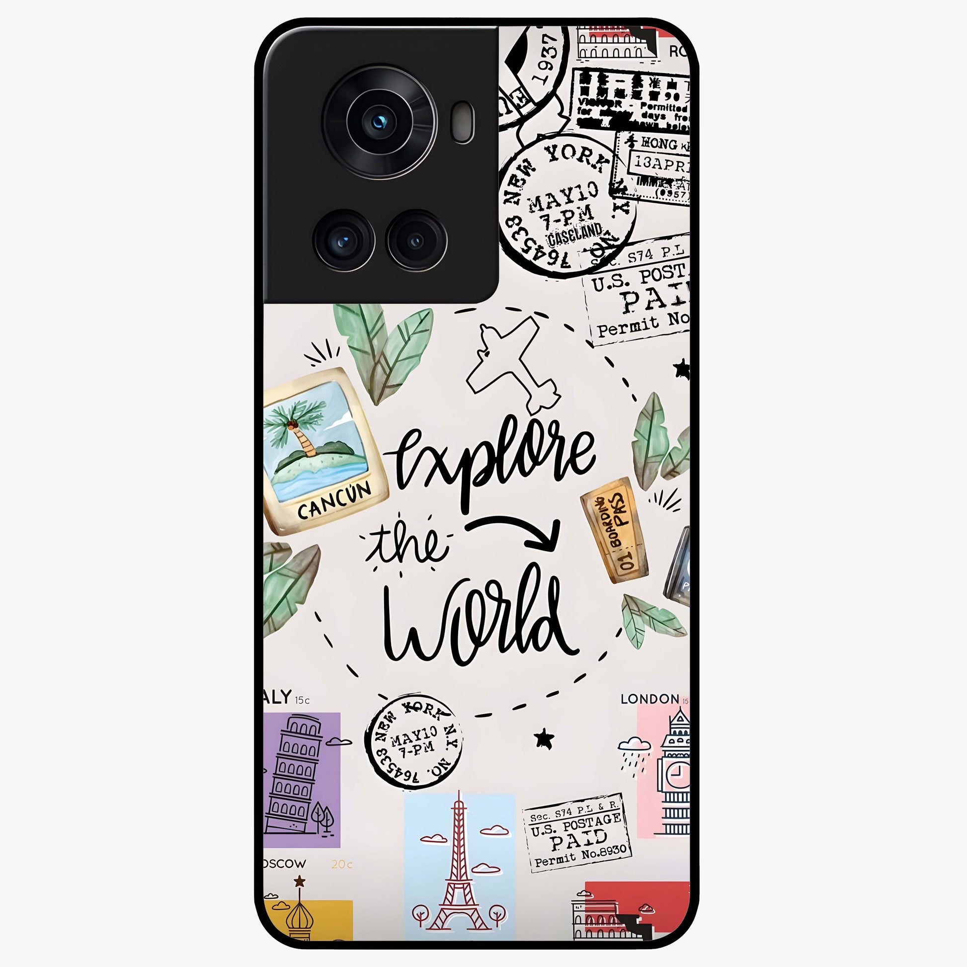 Adventure Awaits Art Glass Case for 1+10R front view featuring bold travel inspired typography artwork