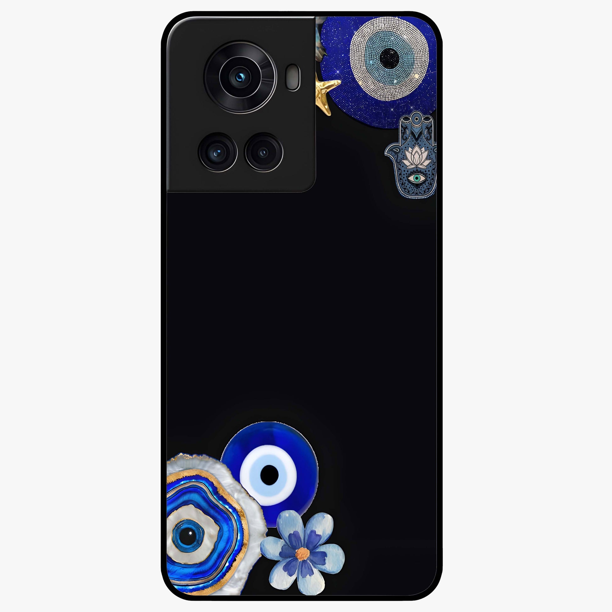 Aesthetic Blue Evil Eye Glass Case for 1+10R front view featuring vibrant traditional evil eye artwork
