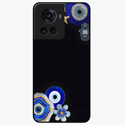 Aesthetic Blue Evil Eye Glass Case for 1+10R front view featuring vibrant traditional evil eye artwork