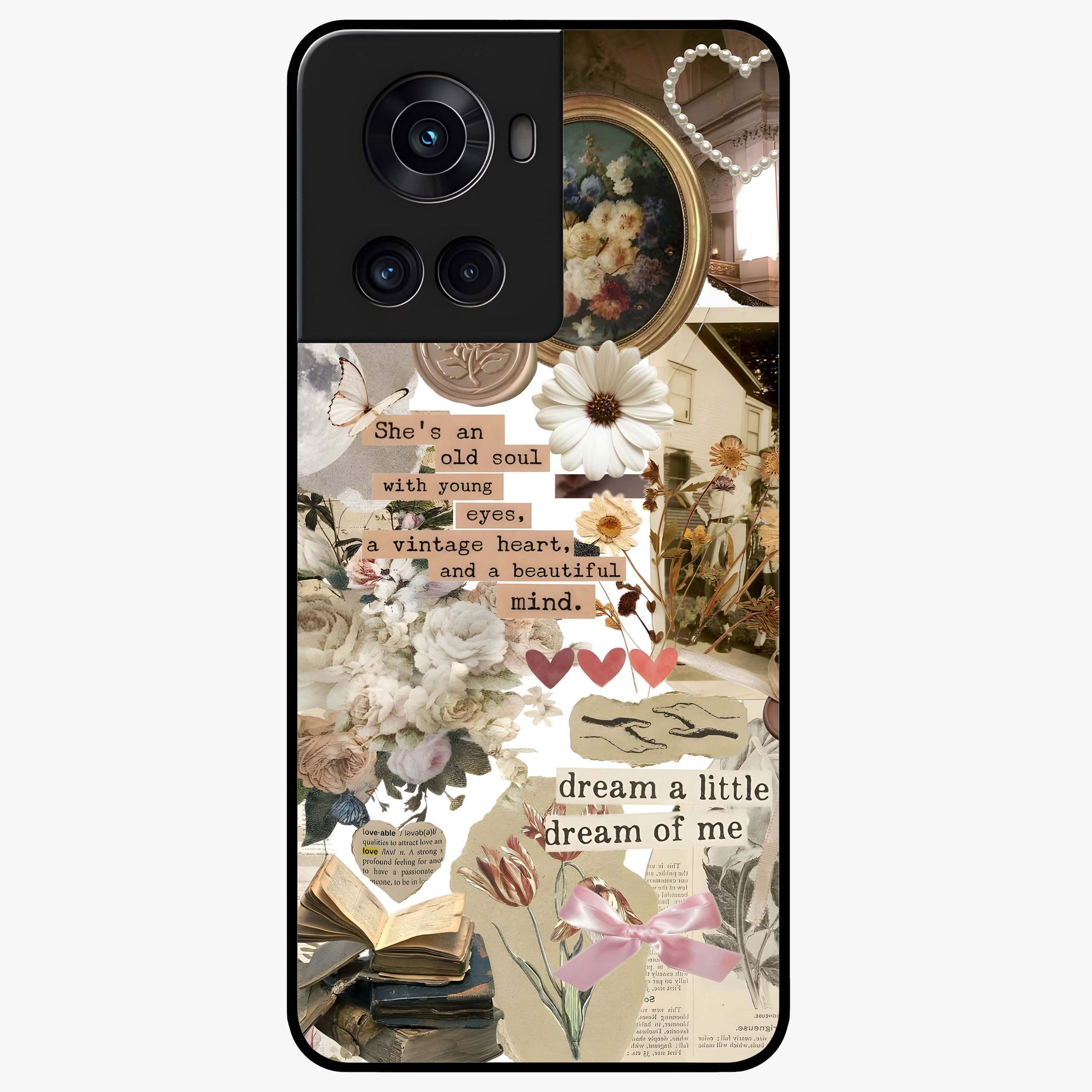 Aesthetic Brown Vintage Collage Glass Case for 1+10R front view featuring retro collage artwork in earthy tones