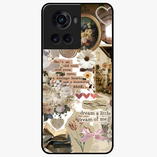 Aesthetic Brown Vintage Collage Glass Case for 1+10R front view featuring retro collage artwork in earthy tones