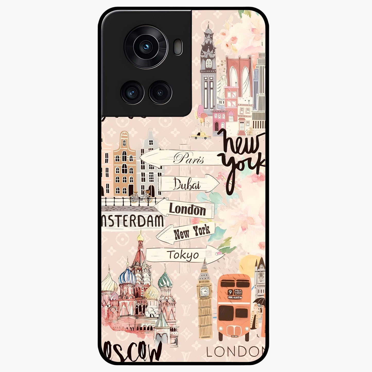 Aesthetic Travel Glass Case for 1+10R front view featuring wanderlust inspired travel artwork