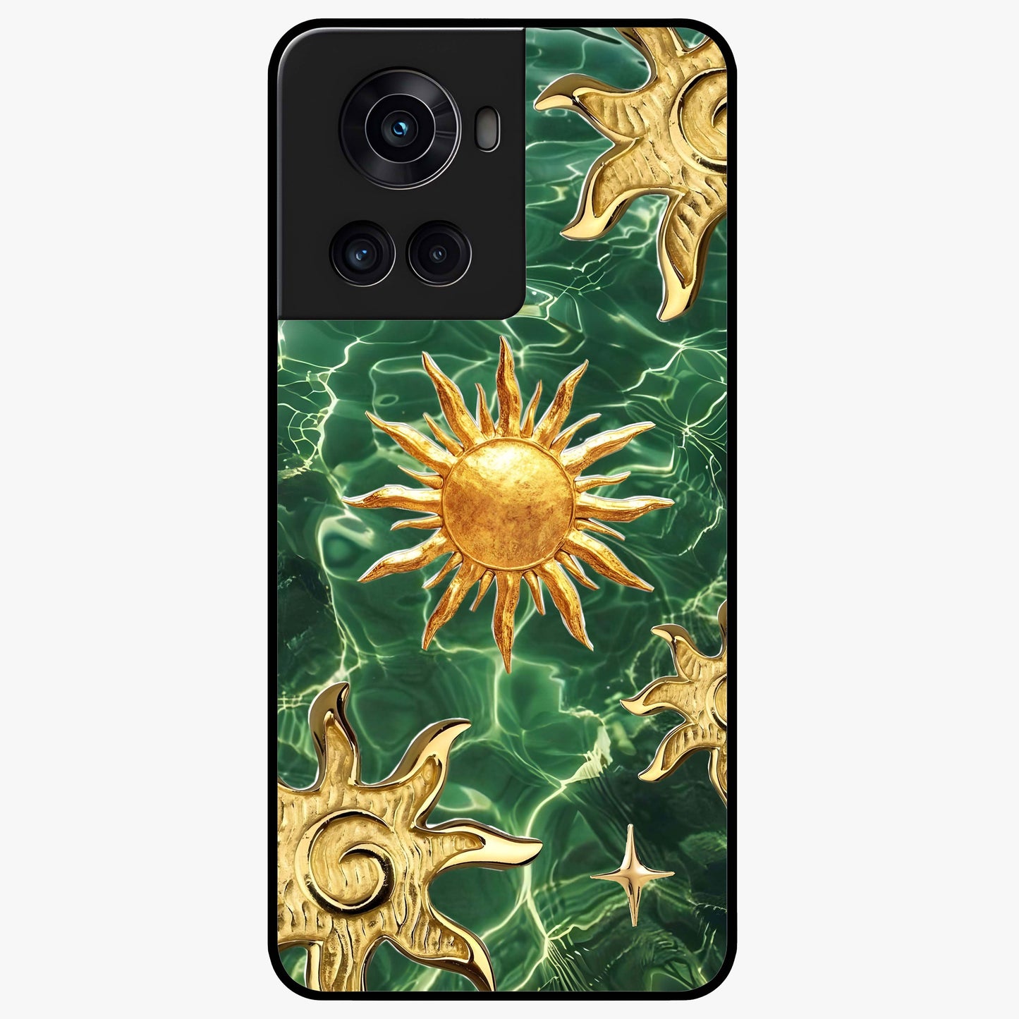 Aqua Sun Mirage Glass Case for 1+10R vibrant front view featuring aqua blue sun inspired artwork