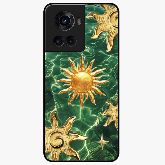 Aqua Sun Mirage Glass Case for 1+10R vibrant front view featuring aqua blue sun inspired artwork