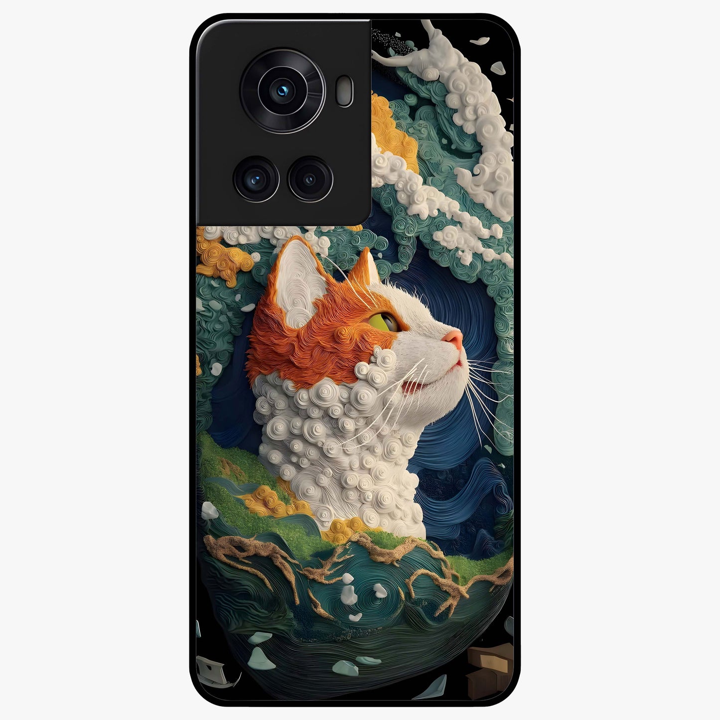 Aurora Cat Dreams Glass Case for 1+10R dreamy front view featuring glowing cat artwork with aurora tones