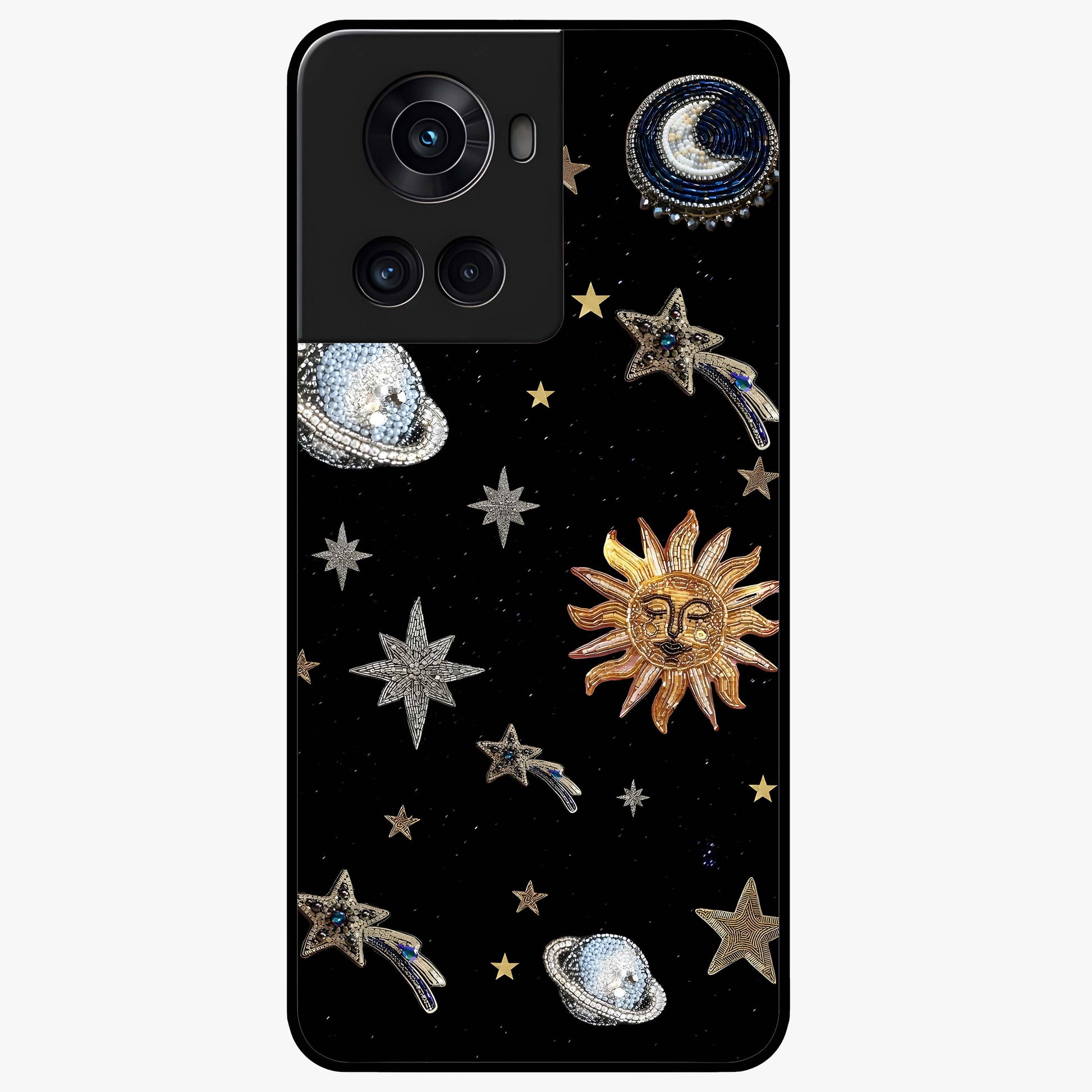 Beaded Cosmic Dreams Glass Case for 1+10R front view featuring celestial bead inspired cosmic artwork