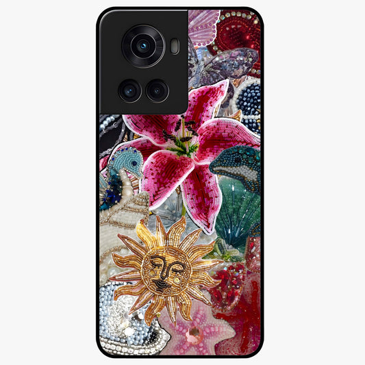 Beaded Garden Fantasy Glass Case for 1+10R front view featuring colorful beaded floral garden artwork