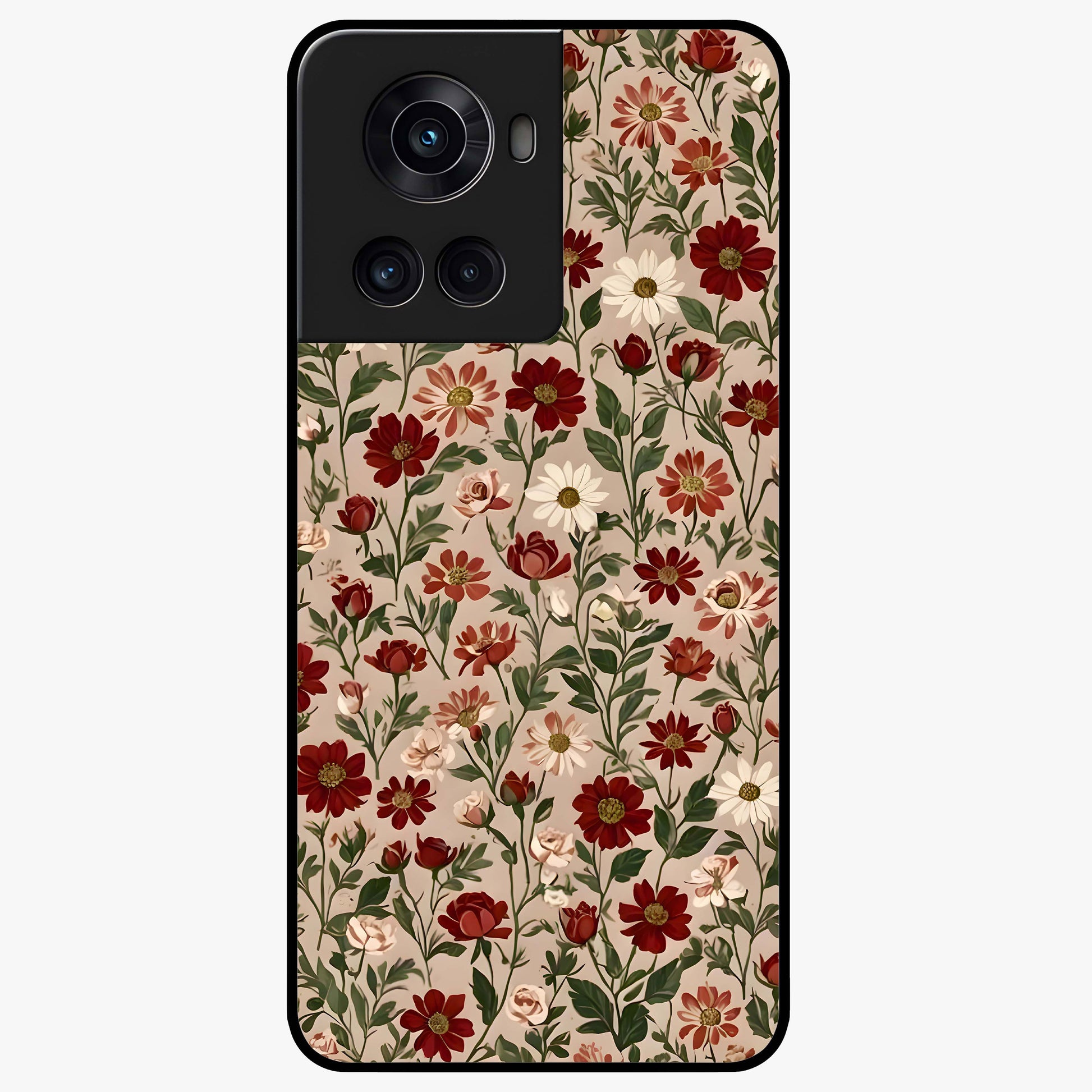 Biege Flower With Leaf Glass Case for 1+10R front view featuring soft beige floral artwork with leaf detailing