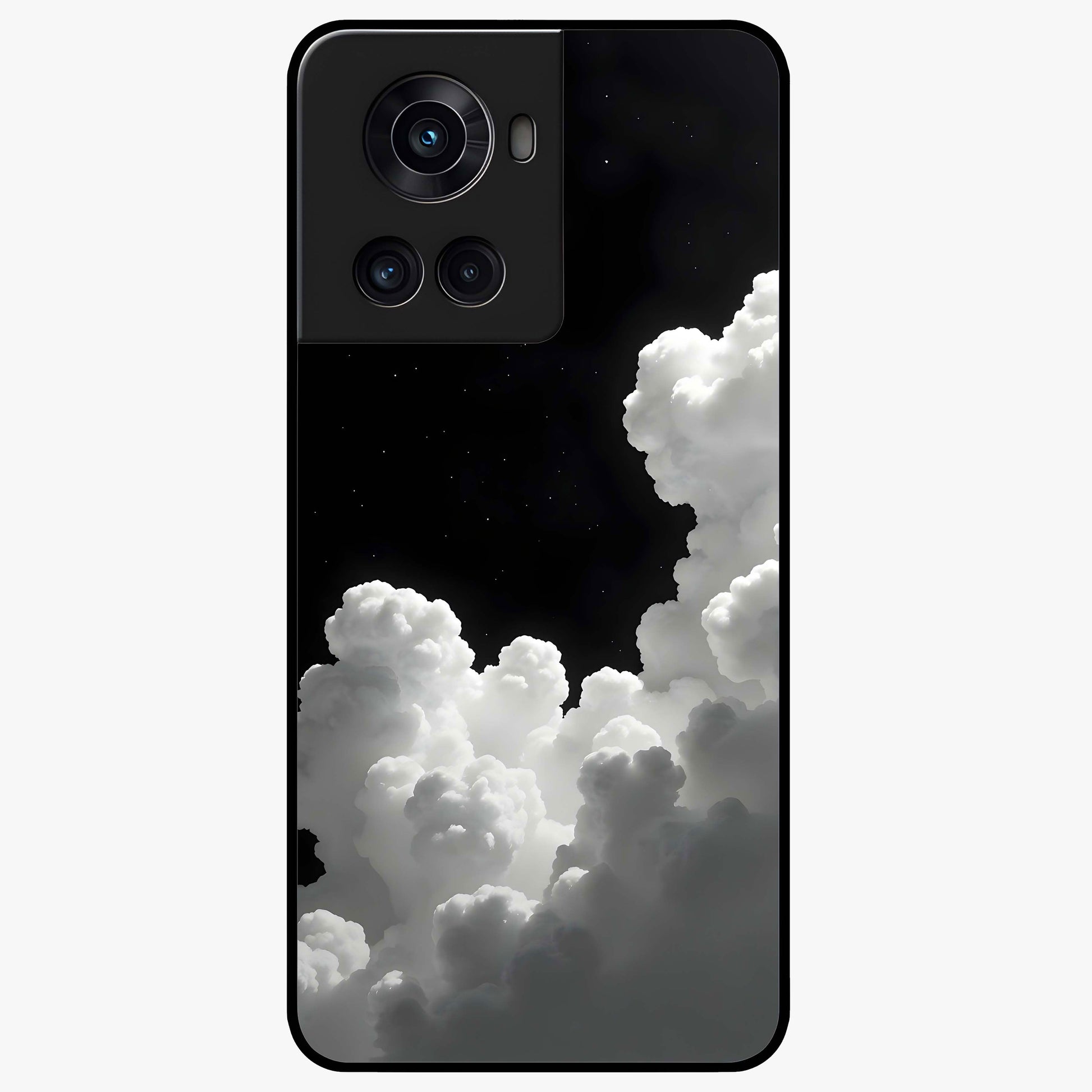Black Background With White Cloud Glass Case for 1+10R striking front view featuring white cloud artwork on deep black backdrop