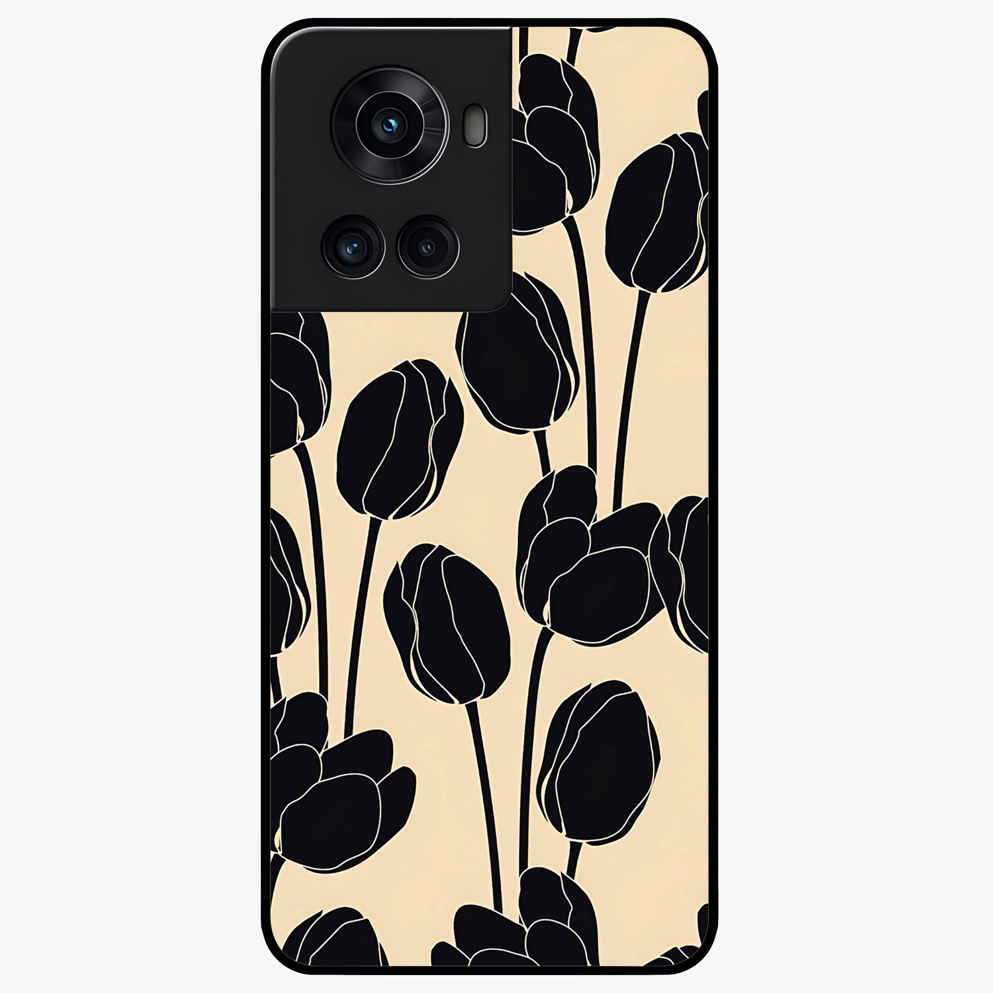 Black Designer Tulip Glass Case for 1+10R elegant front view featuring refined tulip artwork on black background