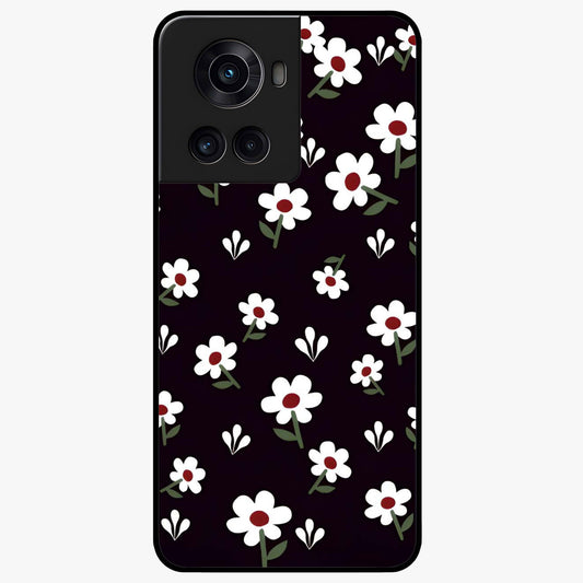 Black Prints Daisy Flower Pattern Glass Case for 1+10R front view featuring white daisy floral artwork on black base