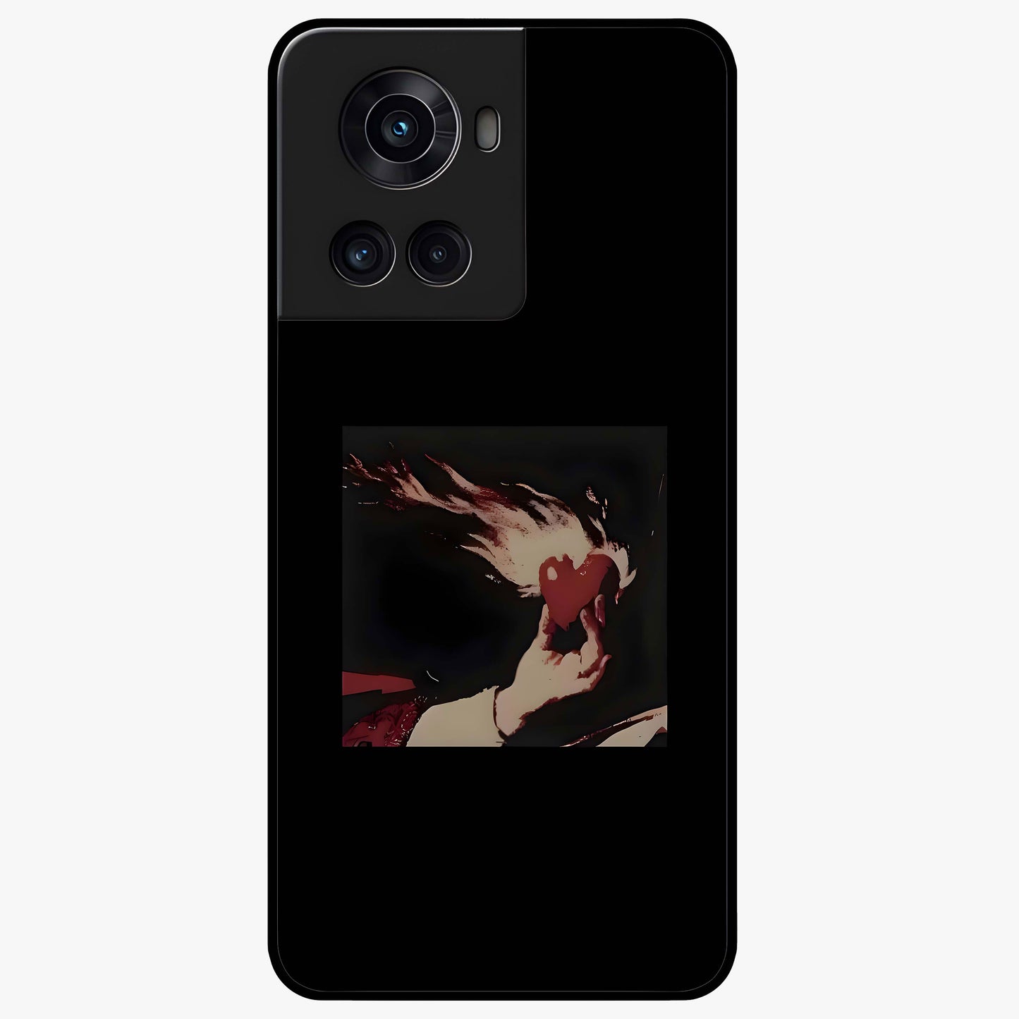 Blazing Heart Faith Glass Case for 1+10R showing full back design in clean flat view with fiery heart artwork and glossy glass finish.