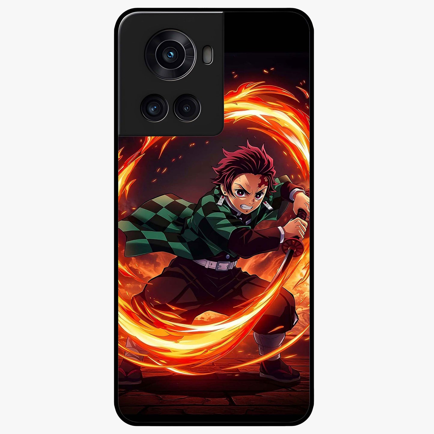 Blazing Sword Resolve Glass Case for 1+10R showing full back design in clean flat view with blazing sword artwork and glossy glass finish.