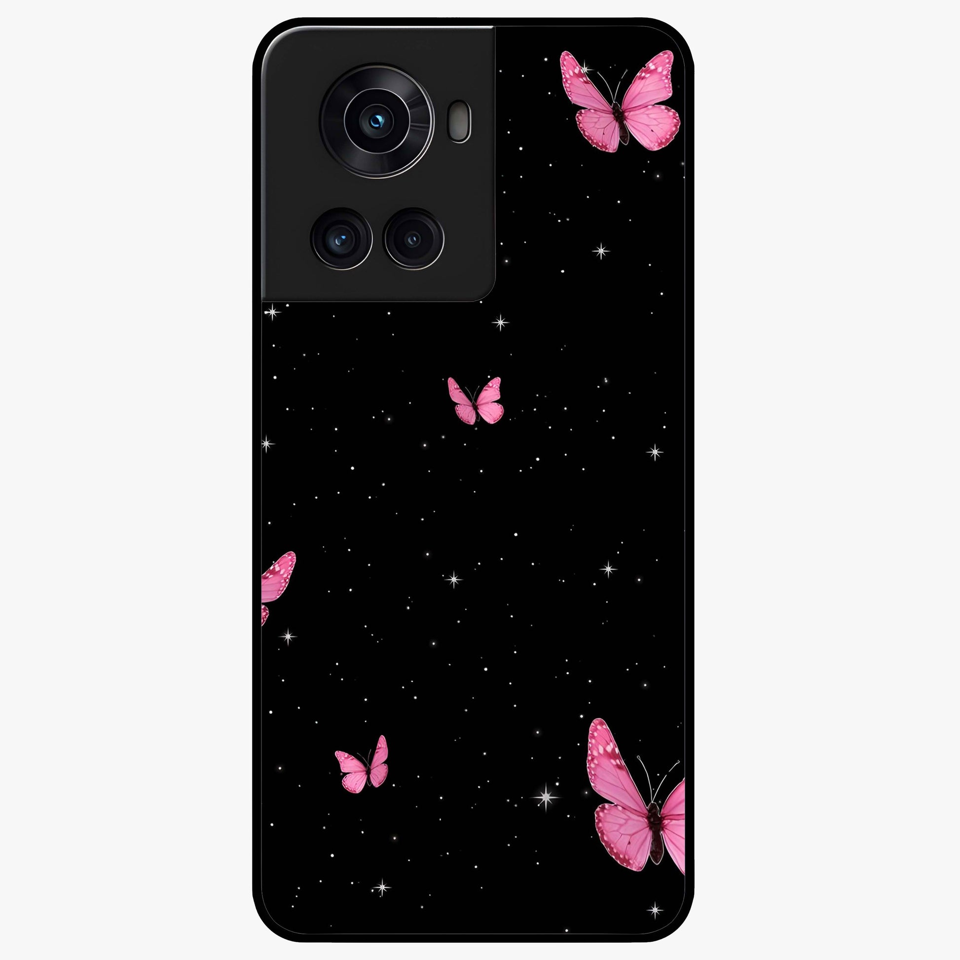Blinking Butterfly Glass Case for 1+10R showing full back design in clean flat view with delicate butterfly artwork and glossy glass finish.