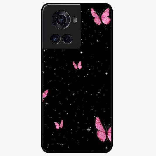 Blinking Butterfly Glass Case for 1+10R showing full back design in clean flat view with delicate butterfly artwork and glossy glass finish.