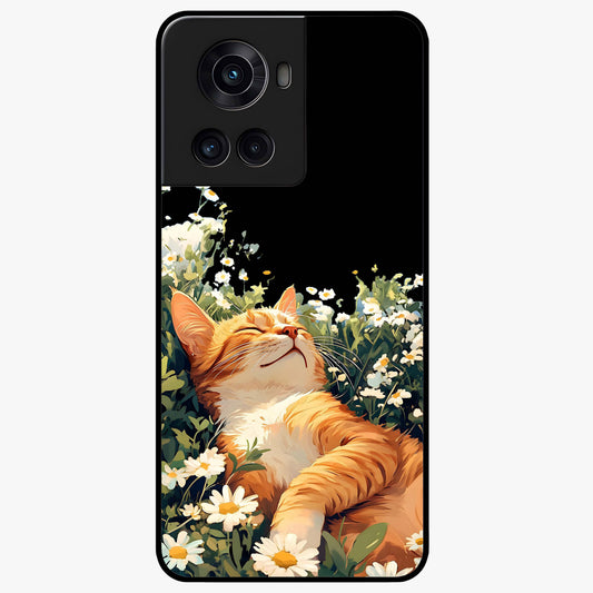Blissful Bloom Cat Glass Case for 1+10R charming front view featuring floral cat artwork with soft aesthetic tones