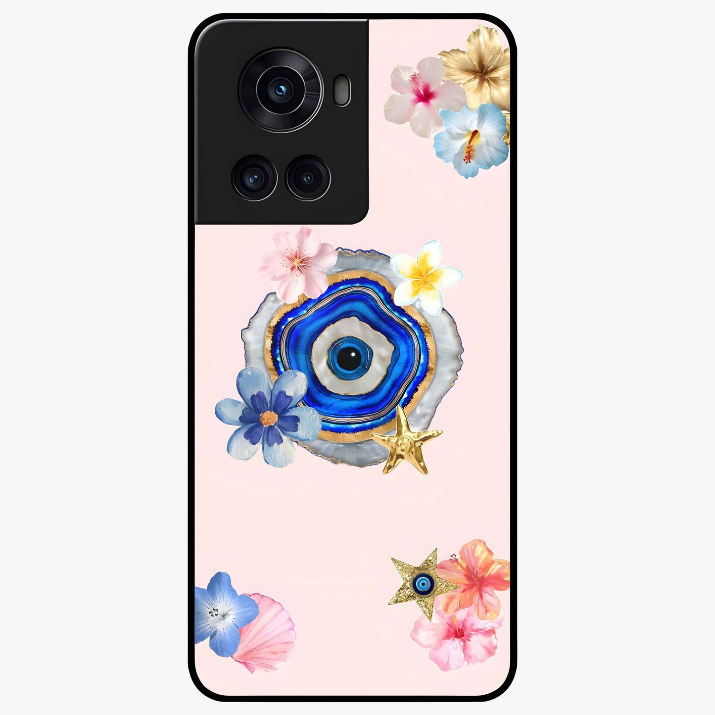 Blossom Evil Charm Glass Case for 1+10R elegant front view featuring floral evil eye inspired artwork