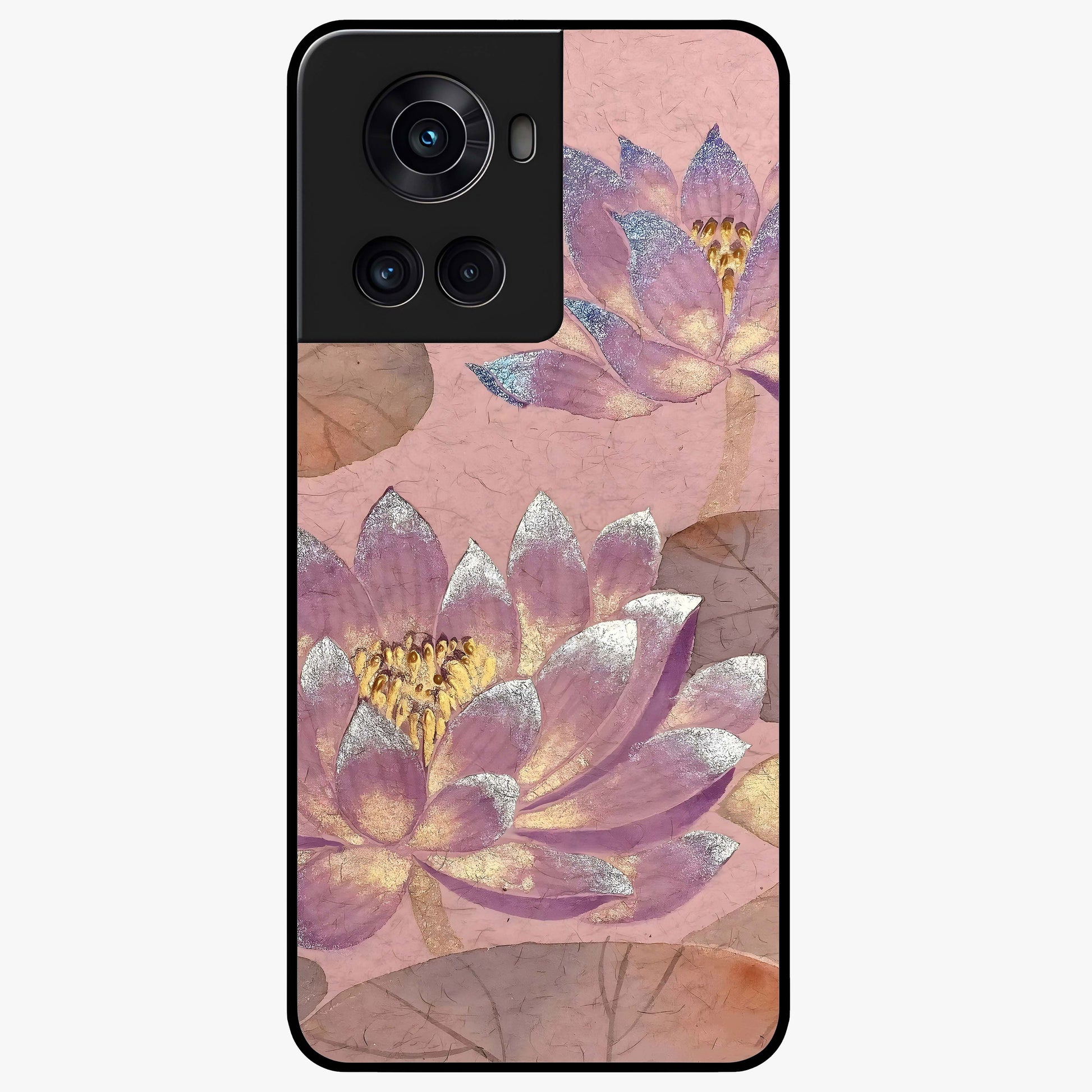Blossom Mist Lotus Glass Case for 1+10R calm front view featuring lotus flower artwork with misty tones