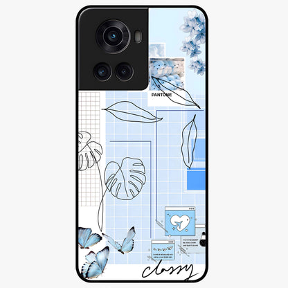Blue Aesthetic Flower Glass Case for 1+10R elegant front view featuring soft blue floral artwork