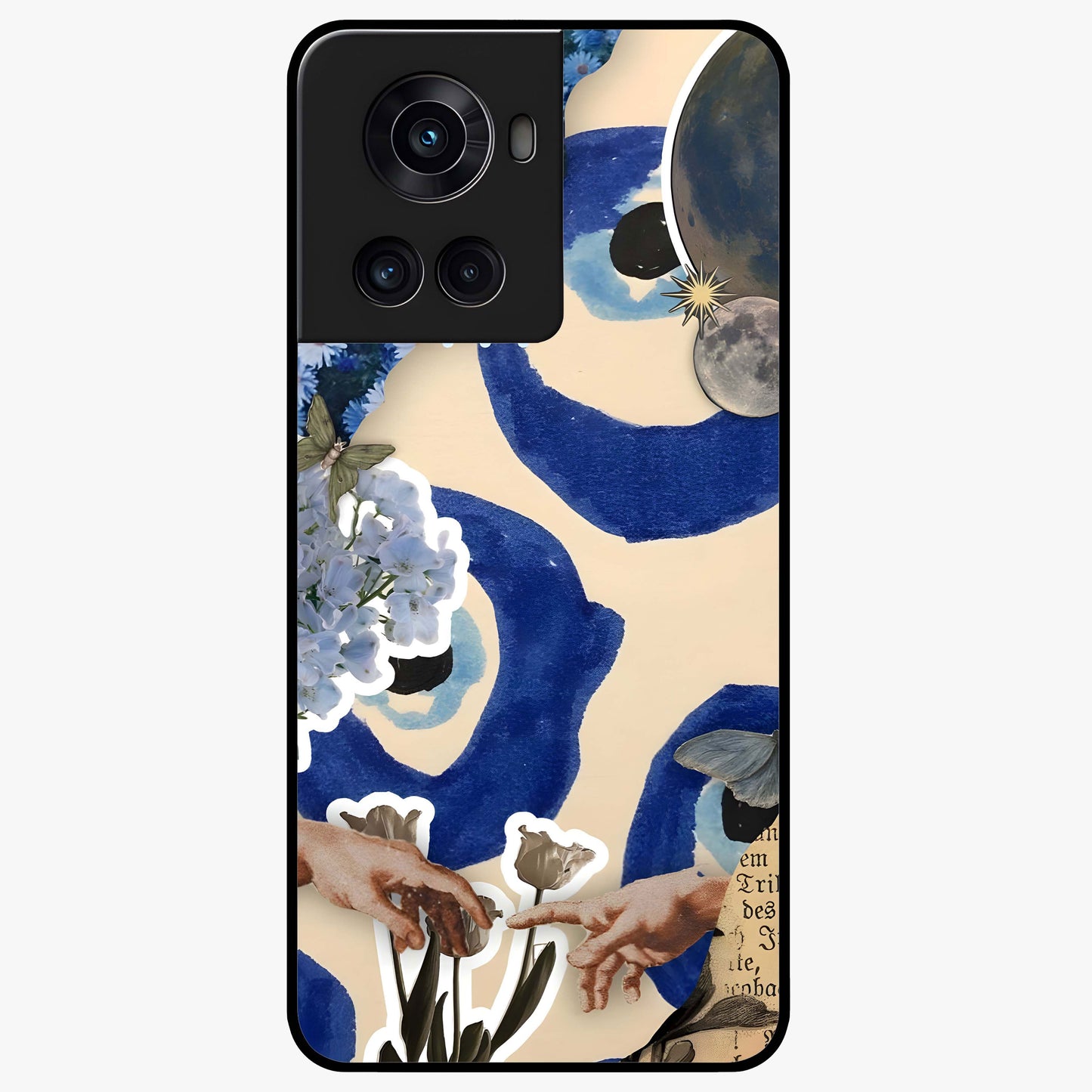 Blue Evil Divine Glass Case for 1+10R bold front view featuring vibrant evil eye artwork with divine aesthetic tones