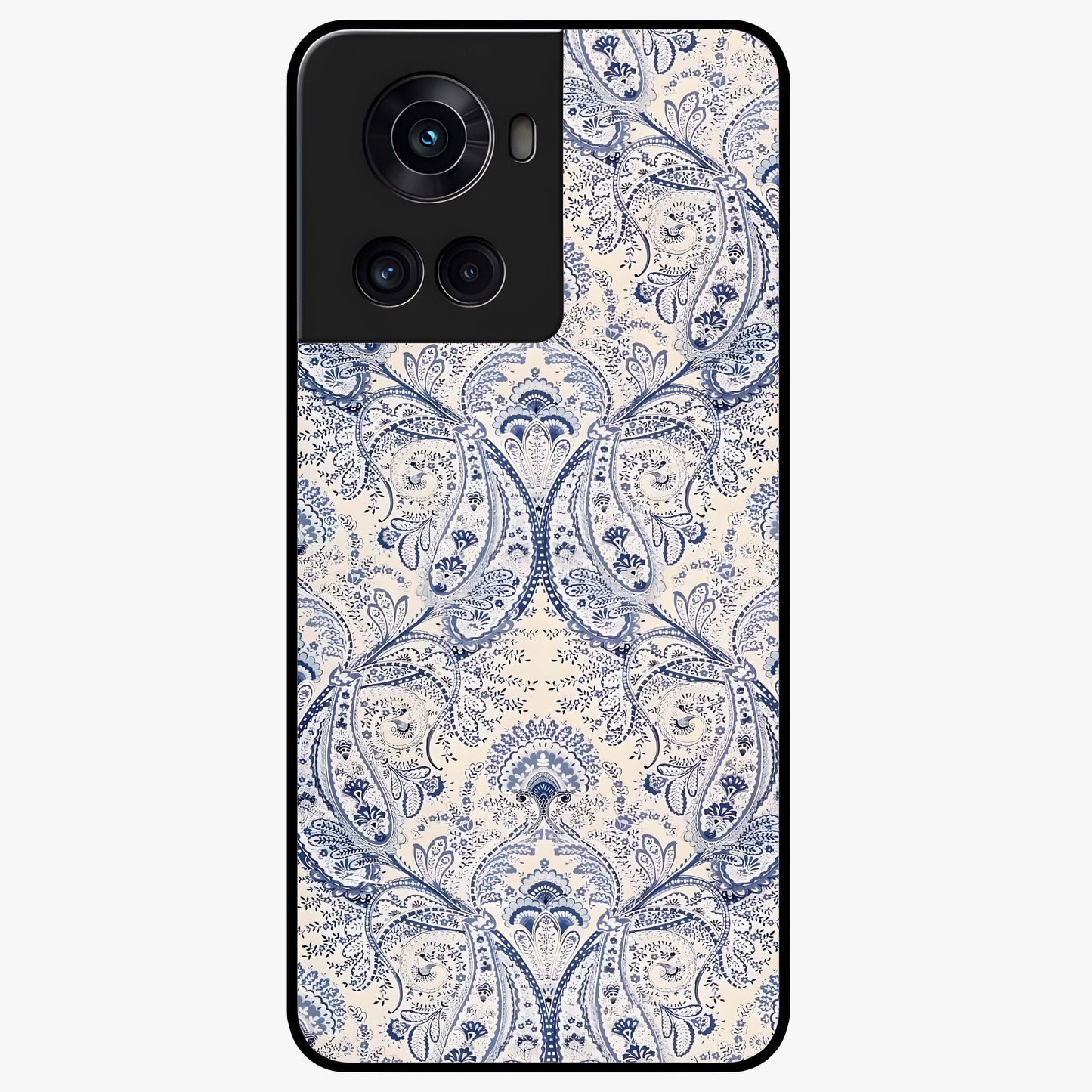 Blue Paisley Bloom Glass Case for 1+10R intricate front view featuring paisley floral artwork in rich blue tones