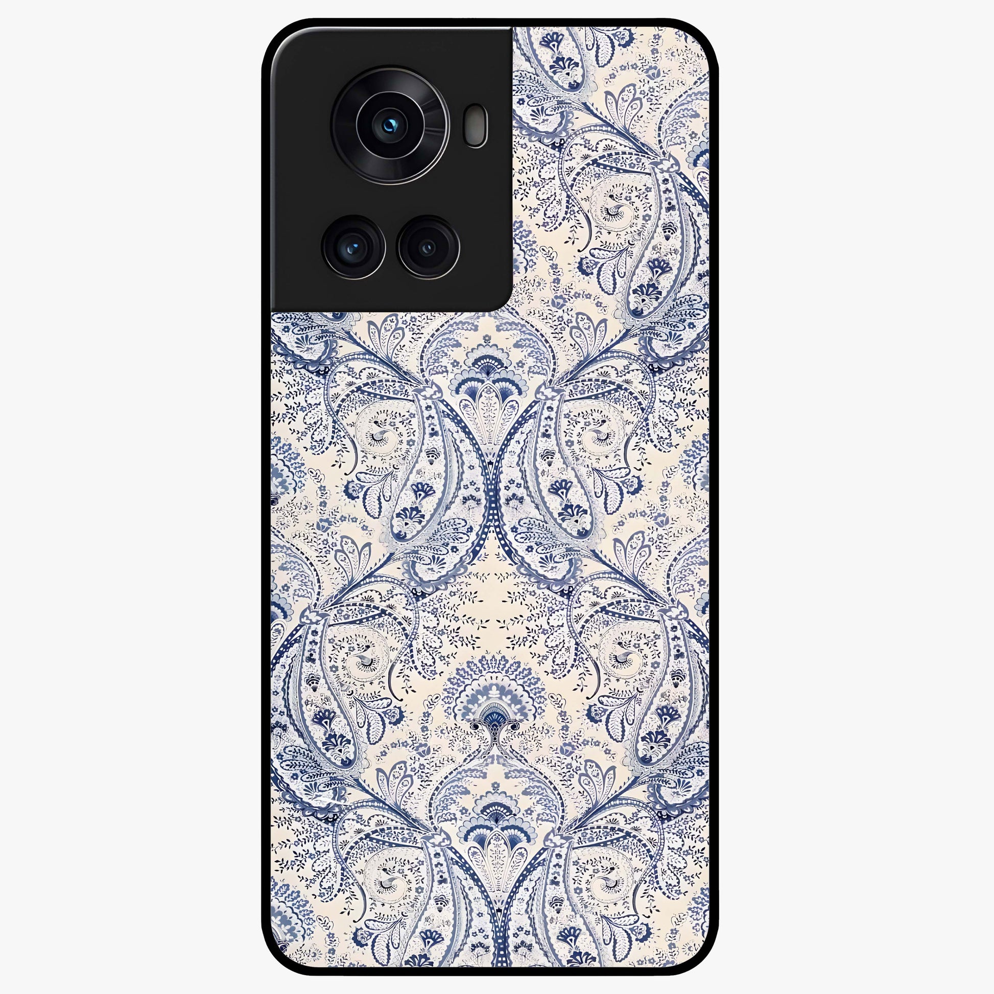 Blue Paisley Bloom Glass Case for 1+10R intricate front view featuring paisley floral artwork in rich blue tones