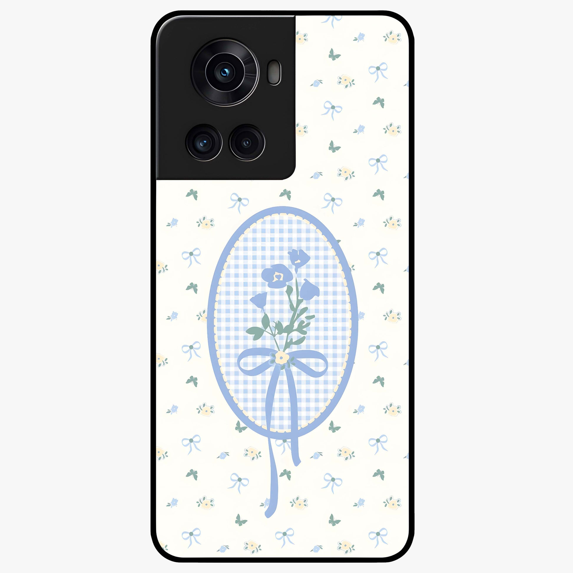 Blue Ribbon Bloom Glass Case for 1+10R elegant front view featuring soft floral artwork with ribbon accents