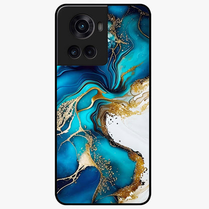 Blue and White Marble With Golden Viens Art Glass Case for 1+10R luxurious front view featuring marble texture with golden vein detailing