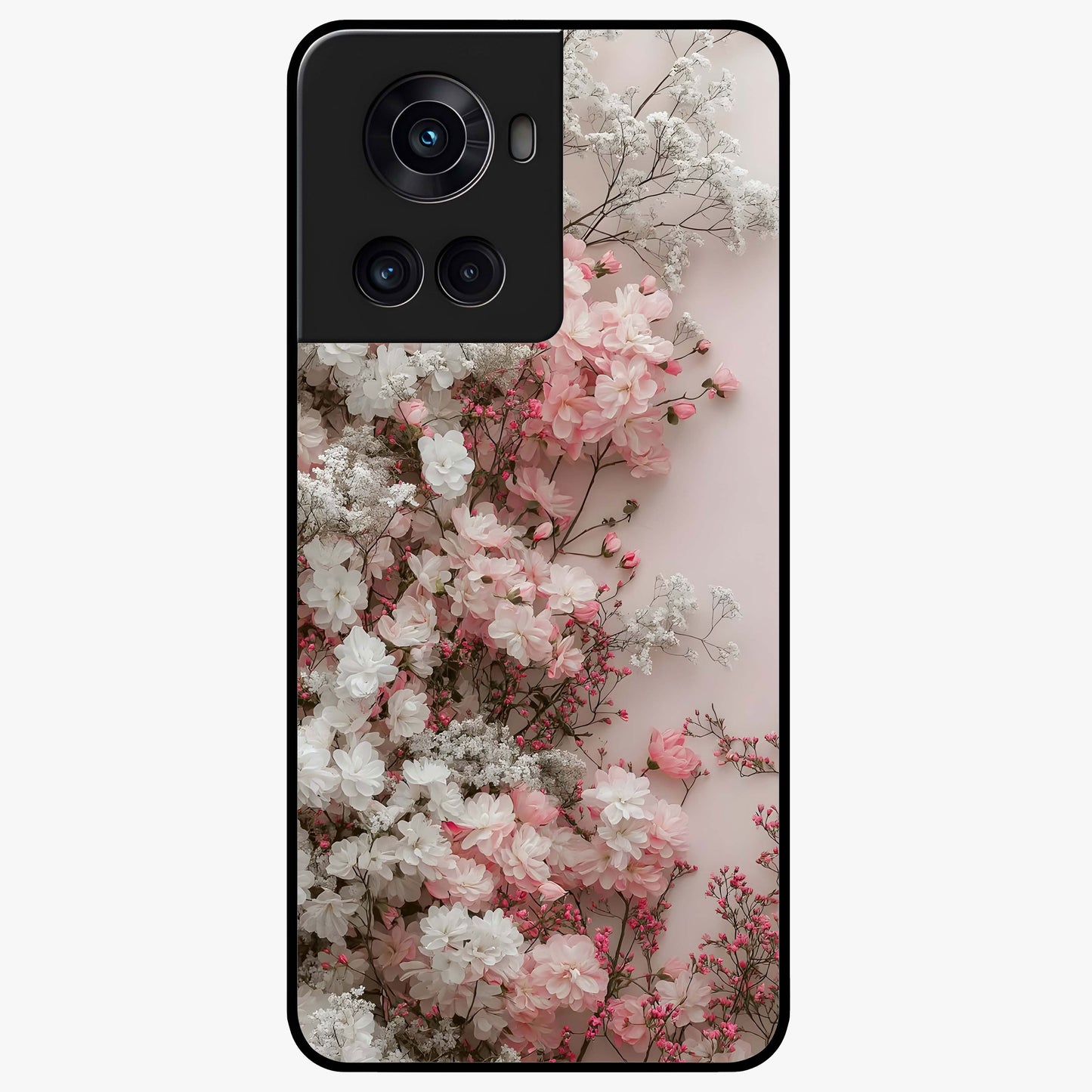 Blush Blossom Cloud Glass Case for 1+10R dreamy front view featuring soft blossom artwork with cloud inspired tones