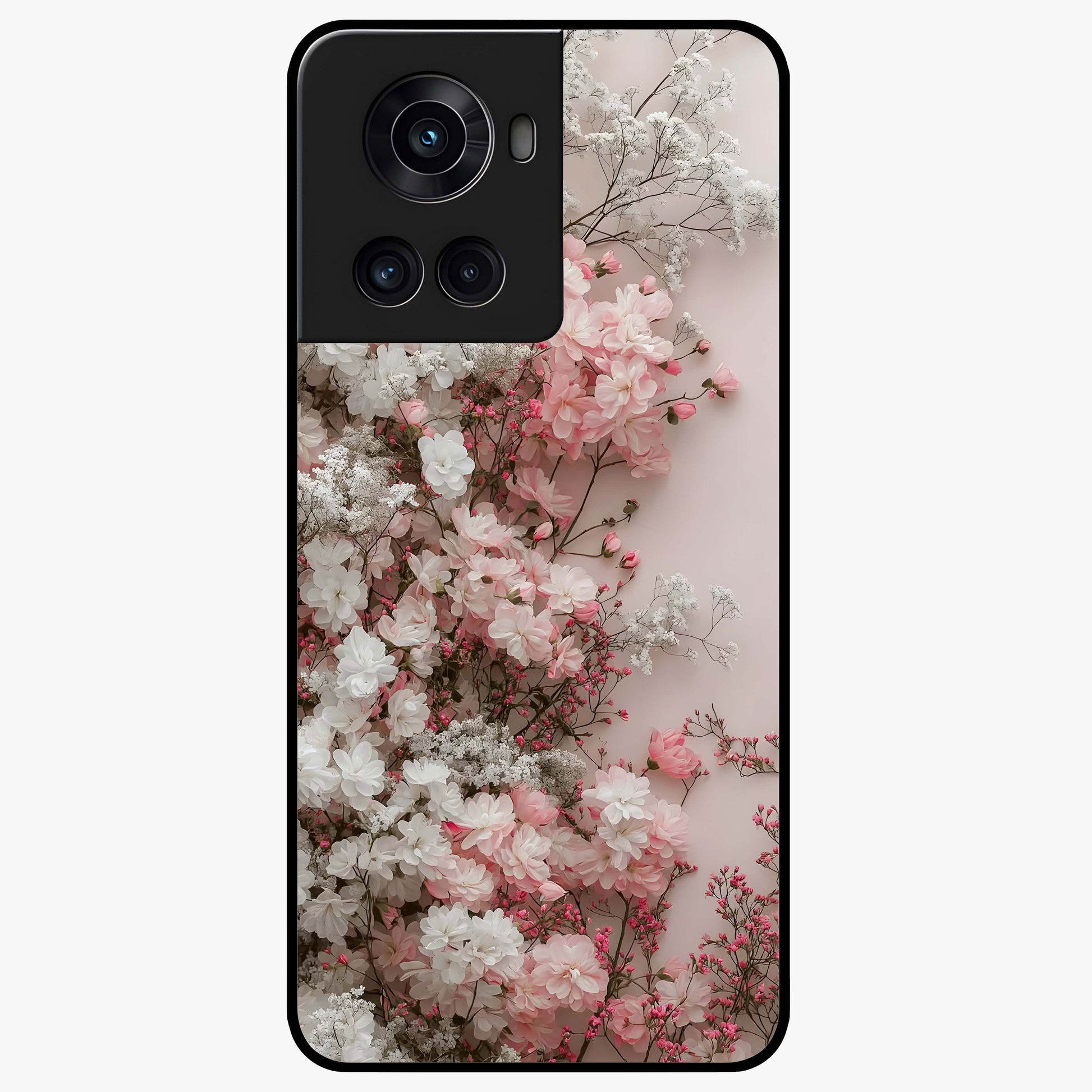 Blush Blossom Cloud Glass Case for 1+10R dreamy front view featuring soft blossom artwork with cloud inspired tones