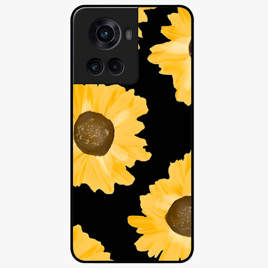 Bold Sunflowers Glow Glass Case for 1+10R vibrant front view featuring radiant sunflower artwork with warm golden tones