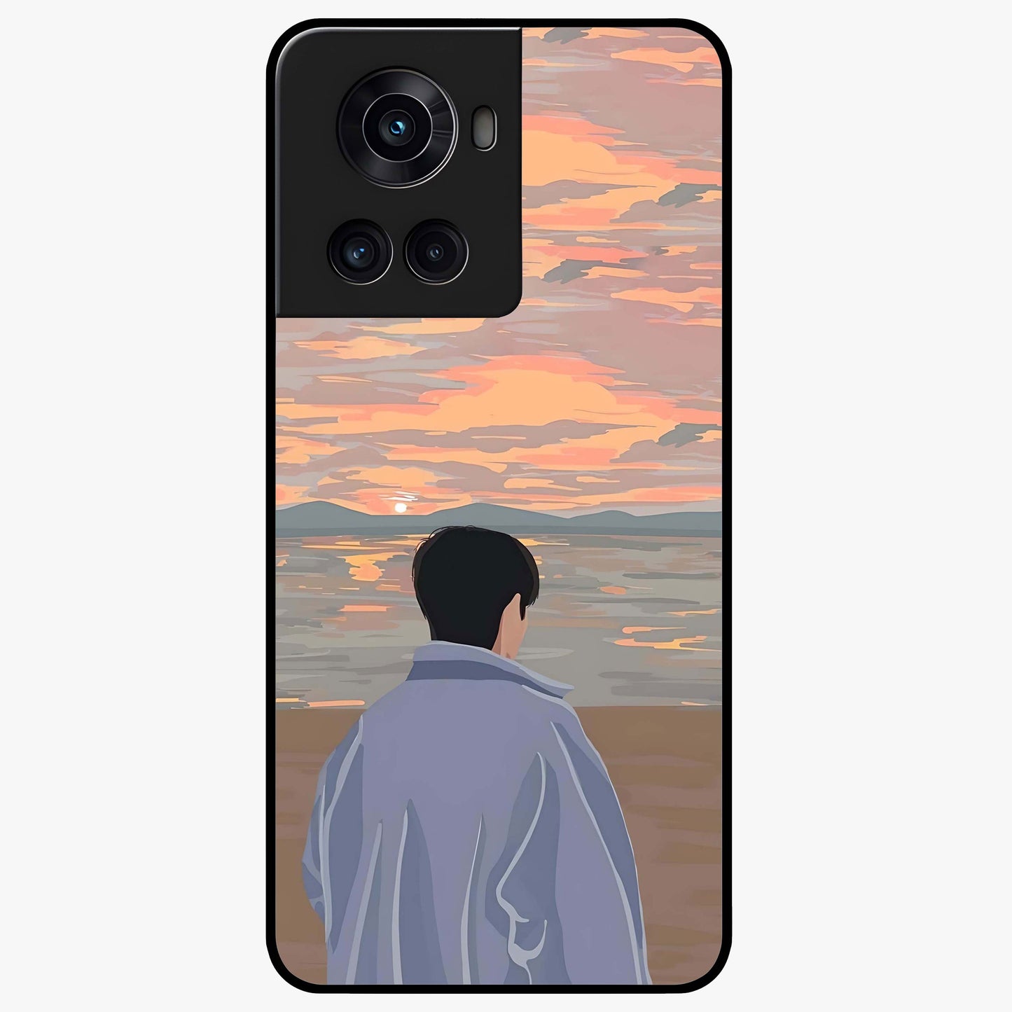 Boy Facing Sunset Beach Glass Case for 1+10R scenic front view featuring silhouette artwork against glowing sunset sky