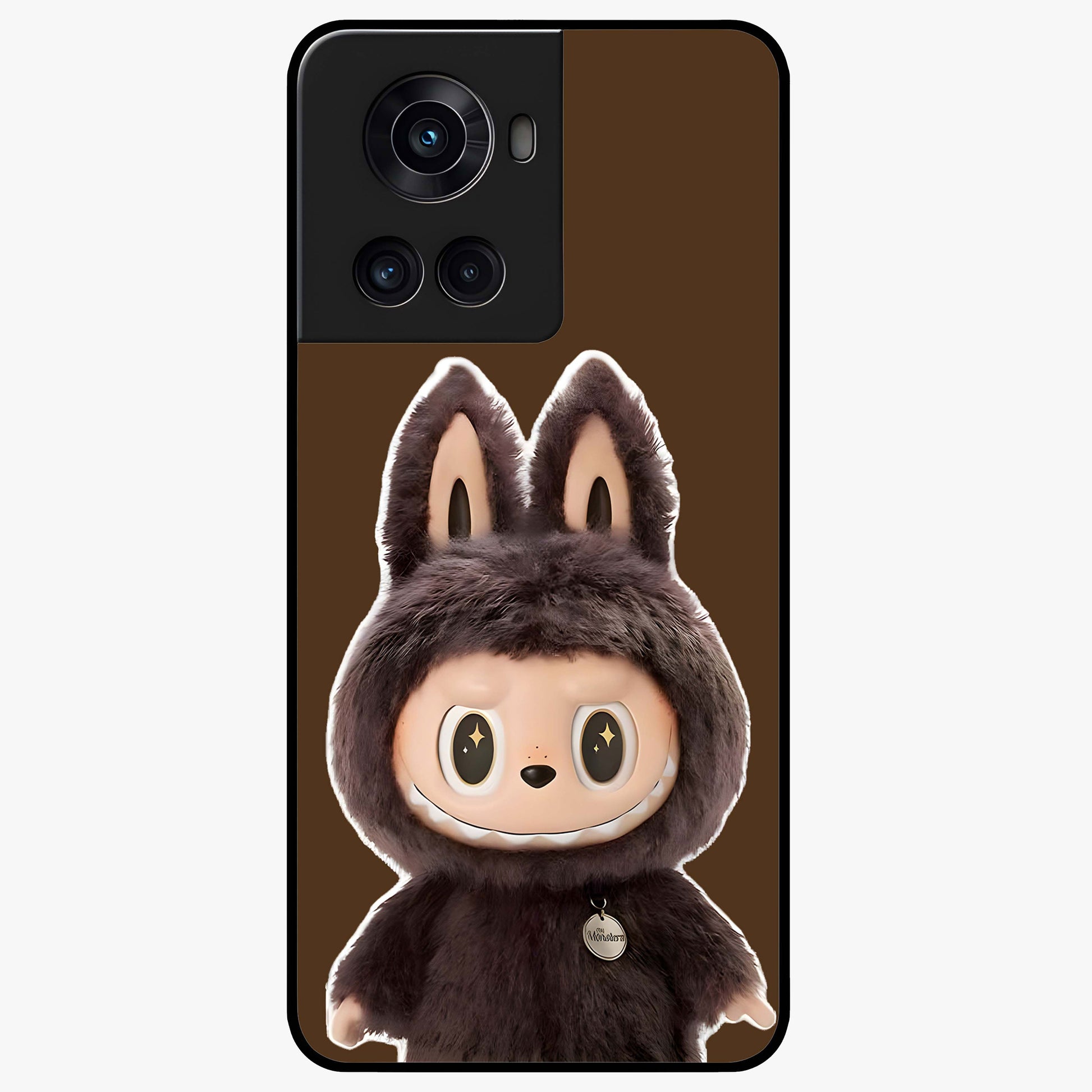 Brown Labubu Design Glass Case for 1+10R cute front view featuring playful Labubu character artwork in warm brown tones
