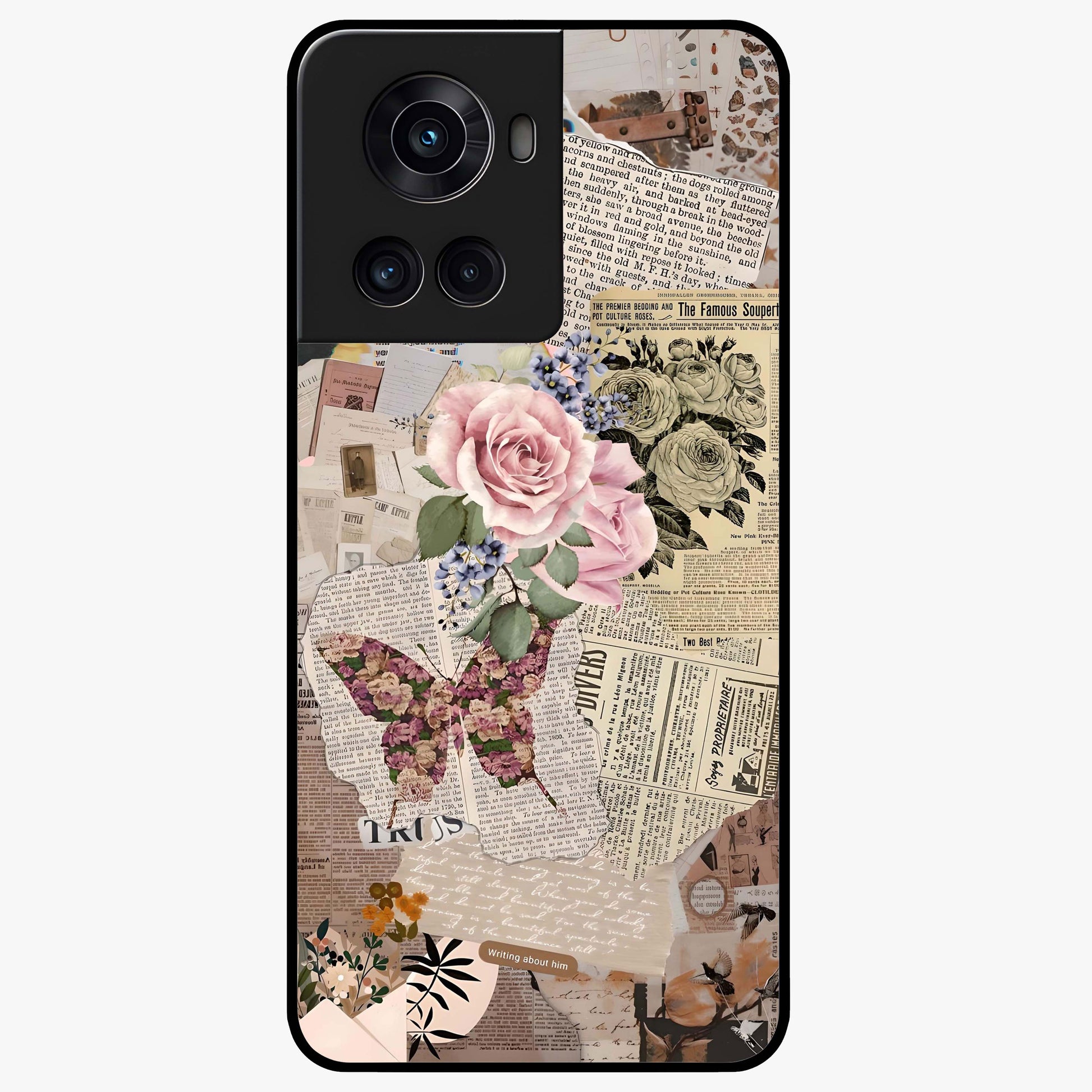 Butterfly News Bloom Glass Case for 1+10R artistic front view featuring blooming floral and butterfly themed artwork
