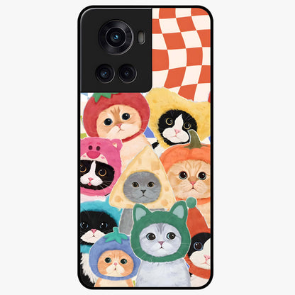 Cats in Fruits Glass Case for 1+10R playful front view featuring cute cat illustrations with vibrant fruit artwork