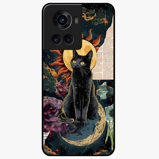 Celestial Black Cat Glass Case for 1+10R mystical front view featuring black cat artwork with cosmic background
