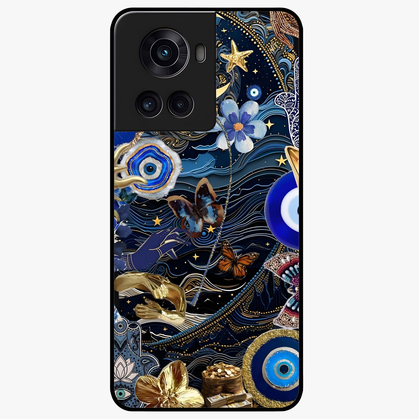 Celestial Blessing Shield Glass Case for 1+10R spiritual front view featuring protective celestial symbol artwork
