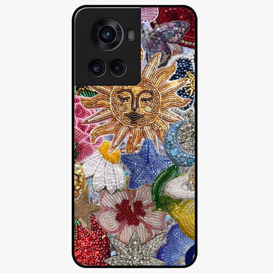 Celestial Floral and Playful Glass Case for 1+10R vibrant front view featuring floral artwork blended with cosmic elements