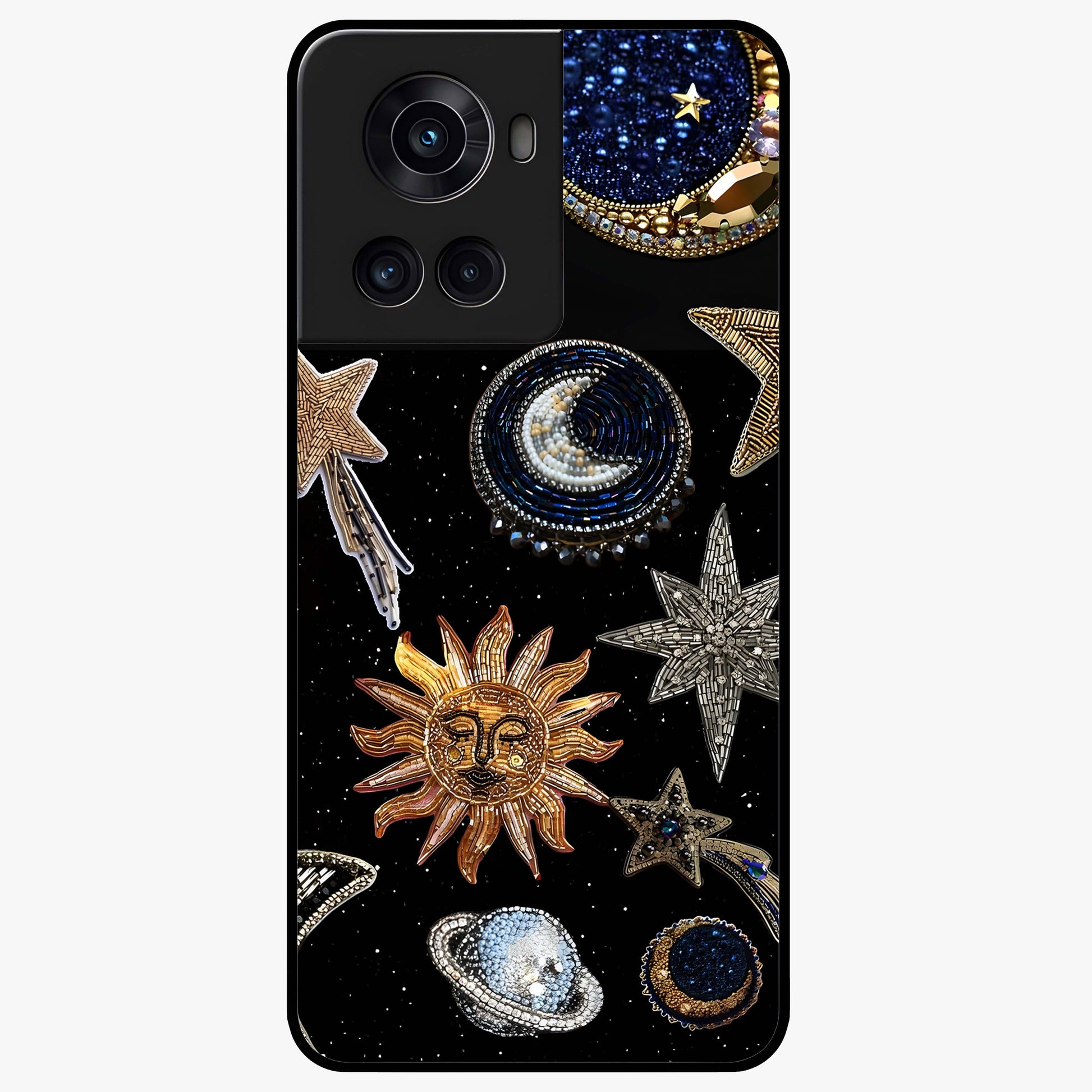 Celestial Gem Constellations Glass Case for 1+10R elegant front view featuring gemstone inspired constellation artwork